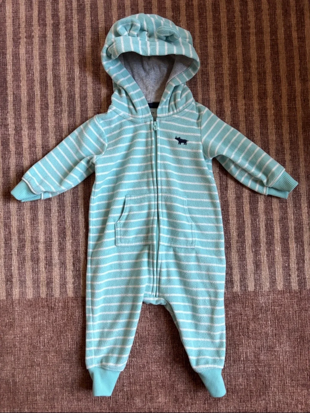 Carter's Aqua and White Striped Hooded Baby One-Piece - Picture 1 of 1